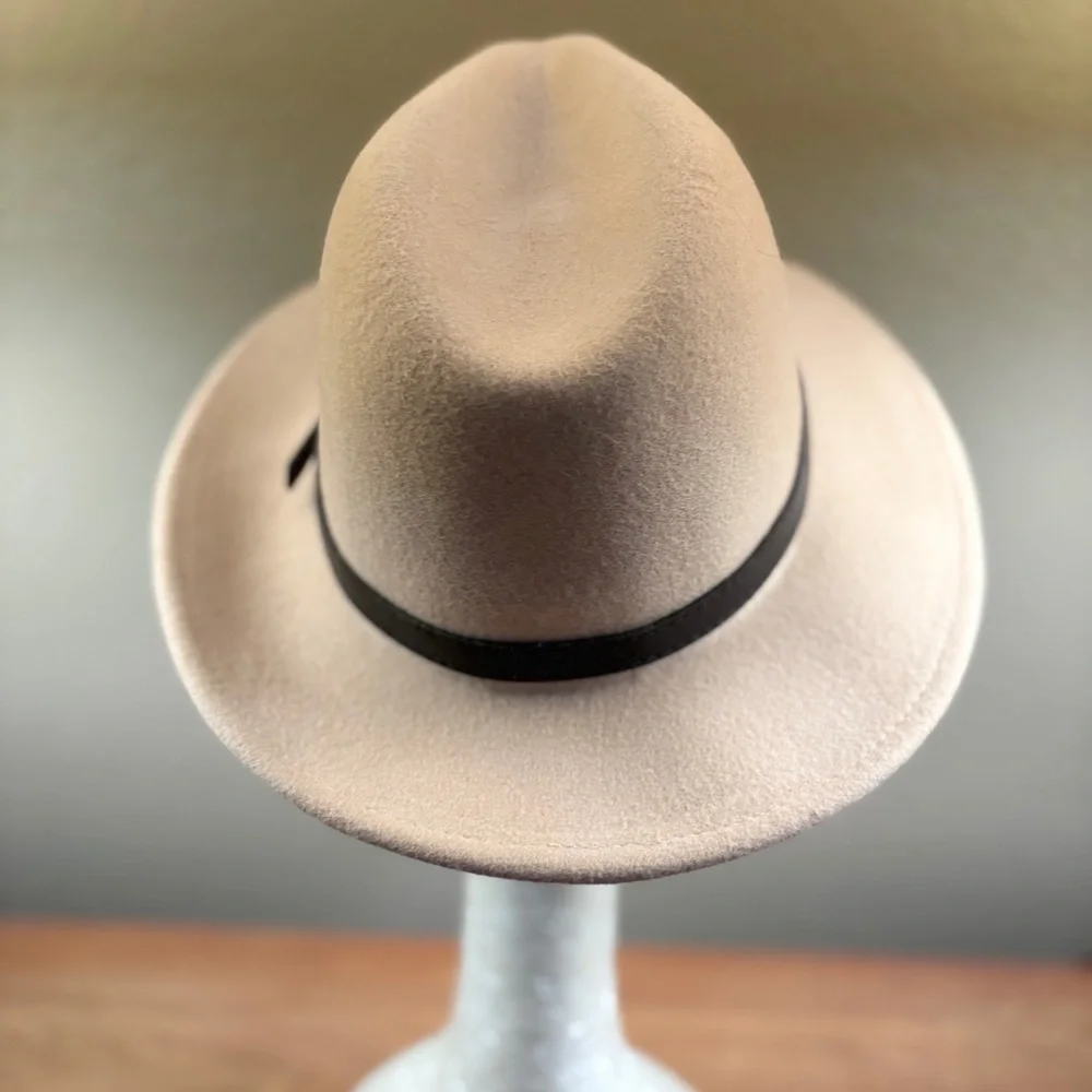 Fedora Classic Unisex Beige Adjustable Wool Hat, with Buckle Brown Trim